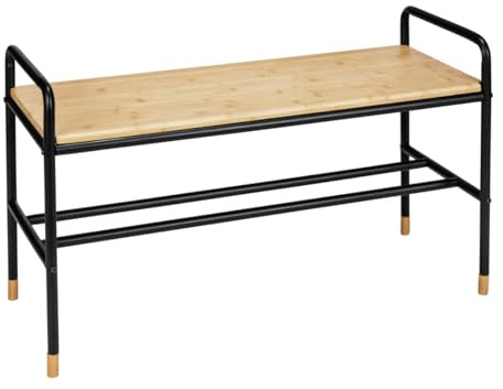WENKO Schuhbank Loft, Schuhregal im Fabrikflair mit Ablage für bis zu 4 Paar Schuhe, aus Stahlrohr mit massiver Sitzfläche aus FSC®-zertifiziertem Bambus, 85 x 50 x 33,5 cm, Schwarz/Natur