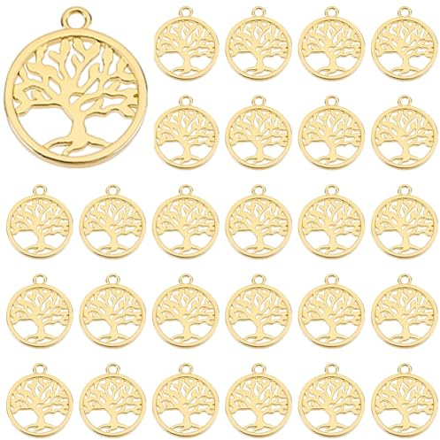 DICOSMETIC 30 Stück Baum Des Lebens-Anhänger, Hohle Messing-Anhänger, Antiker, Flacher, Runder Baum Des Lebens-Anhänger, Goldener Weihnachtsbaum-Anhänger Für Schmuckherstellung, Bohrung: 1.6 mm