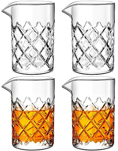Dandat 4 Pcs Cocktail Mixing Glass 17 oz Crystal Stirring Glass Thick Bottom Seamless Cocktail Pitcher for Home Bartender Bar Whiskey Martini Drink Shaker Accessories (Grid)