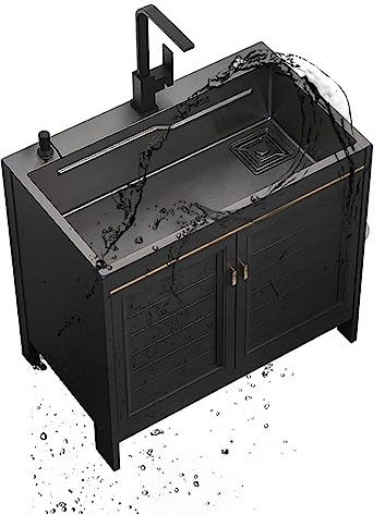 Küche Spülbecken Edelstahl Waschbecken Ausgussbecken Spülbecken Schwarz mit Wasserhahn Lagerregale mit Abfluss und Fallrohr für Küche Werkstatt Bauernhaus Verpflegung Hotels Restaurants. ( Size : 23.6
