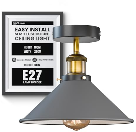 DC VOLTAGE Grey Semi Flush Ceiling Light 22cm Metal Cone Shade Hardwired | E27 vintage ceiling light fitting close to ceiling lamp indoor lighting for kitchen bedroom living room hallway with bulb