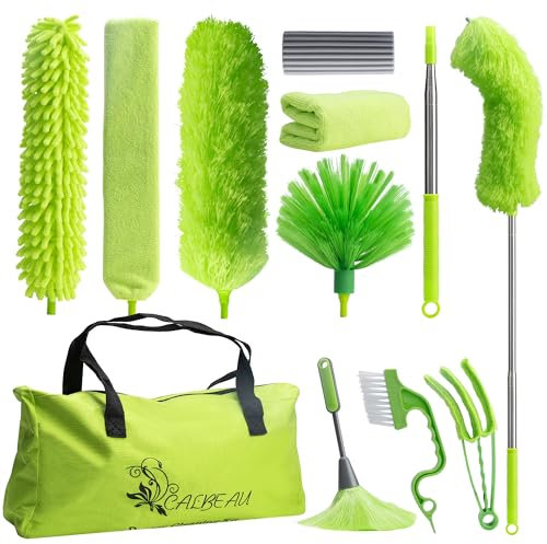 Microfiber Feather Duster with Extension Pole, Bendable Reusable Washable Dusters for Cleaning High Ceiling Fan, Cobweb, Blinds, Keyboard, Furniture & Cars, Duster Kit with Storage Bag (11 PCS)