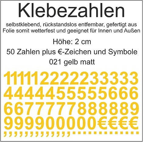 Aufkleber Sticker Klebezahlen Klebezahl Zahlen Zahl Nummern aus Folie 50 Zahlen gelb matt Höhe 2 cm selbstklebend wetterfest Nummerierung Preisauszeichnung Beschriftung Modellbau verzieren