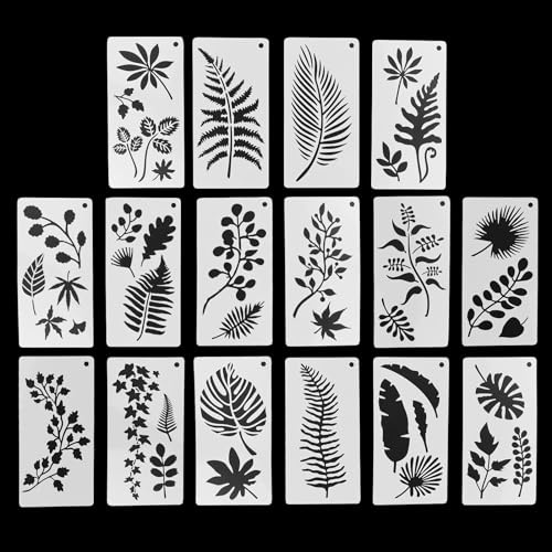 RONGWANGFU Juego de 16 plantillas reutilizables para pintura de hojas, plantillas de decoración de pared de madera