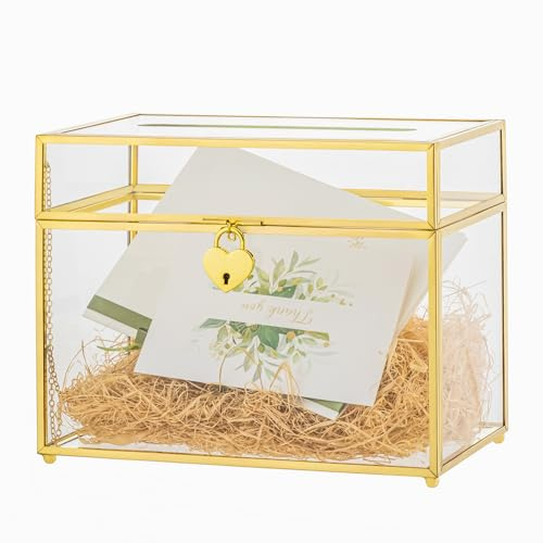 NCYP 25x14,2x19,6cm Boîte à cartes en Verre de Mariage avec Fente et Serrure, Doré Boîte avec Couvercle pour Fête d'anniversaire, Rectangulaire Vintage Décoration (Boîte en verre et serrure seule)