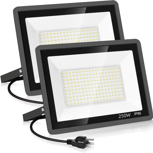 YANYCN 2 Pack 250W Led Flood Lights Outdoor,Super Bright 37000LM Security Lights with Plug,Exterior IP66 Waterproof 5000K Daylight White FloodLight for Basketball Court, Yard, Garden,Parking lot etc