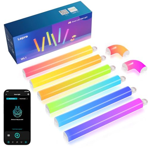 Lepro WL1 AI Barras de Luz LED Pared Inteligente, Funciona con Alexa y Google Home para Sala de Juego y PC Decoración, Diseñador de Iluminación AI Personalizado, Sync de Música y Control de Voz, 6Pcs