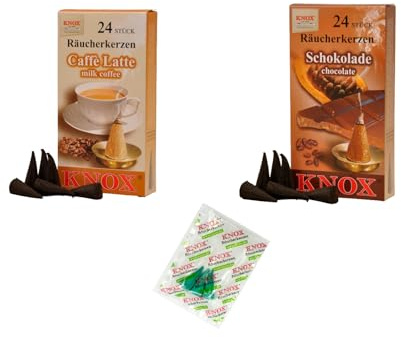 KNOX Räucherkerzen - 2er Set Schokoladen Kaffee - Düfte: Caffe Latte, Schokolade - Menge: 48 Inclusive 3 Räucherkerzen als Proben vom Duft Meeresbriese - Made in Germany