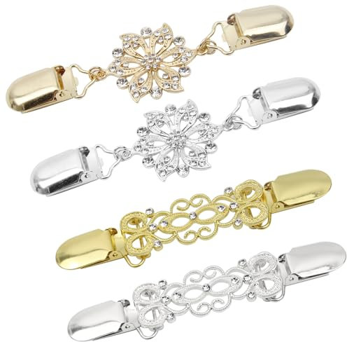 XIAQICA 4 Stück Pullover Clip Hohlmuster Schalclip Diamant Cardigan Clips Kleiderklammern Clips für Kleidung Retro Strickjacke Kragen Hemd Brosche Clips Broschenzubehör Frauen(Gold, Silber)