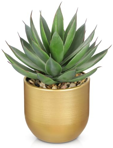 Hollyone Sukkulenten Pflanzen Künstliche Aloe Vera Pflanze, Faux Sukkulenten in Gold Keramiktopf, Getopfte Fake Aloe Pflanze für Home Office Badezimmer Tisch Schlafzimmer Regal Dekor 20cm
