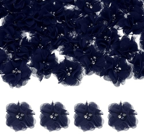 M METERXITY 15-Pack Rhinestone Pearl Chiffon Flowers 2.17 x 2.17 Inch Mesh Fabric Flowers Full Chiffon Flowers Hair Clips Flower for Home Decor/Wedding/Headbands/DIY/Party/Garden [Sky Blue]