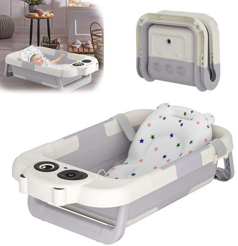 YRHome Baby badkar babybadkar badkar vikbart ergonomiskt badkar barnbadkar med badrumsmatta pekskärm LCD-display för nyfödda, grå vit