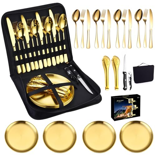 Yixinly Juego de vajilla de camping para 4 personas, 20 piezas, juego de cubiertos para camping, vajilla para 4 personas, acero inoxidable, cubiertos de camping con cuchara, tenedor, cuchillo, plato