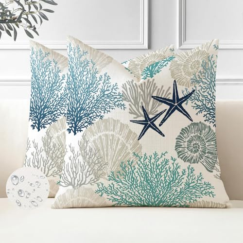 Miuyunya 2er Set wasserdichte Kissenbezüge Outdoor 40x40 cm Maritim Seestern Kissenbezüge Wetterfest Sommer Polster Kissenhülle Ozean Strand Dekorative Zierkissenbezüge für Sofa Wohnzimmer Frühling