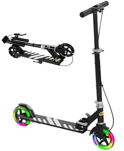 AIYAPLAY Scooter for Ages 3-8 Years, Folding Kick Scooter with Adjustable Handle, Two Light Up Wheels, Handbrake, Rear Brake, Black