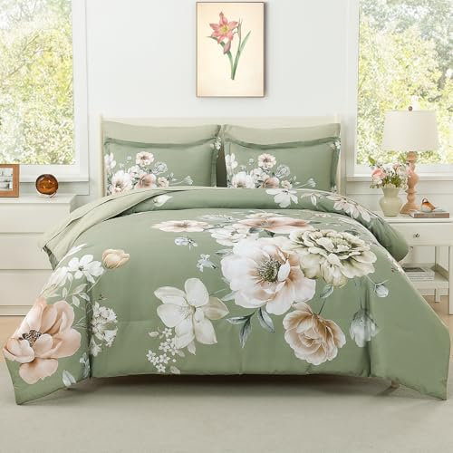 Floral Comforters Queen Size 7 Pieces Botanical Green Flower Bed in a Bag Ulter Soft Microfiber Bedding Set, Lightweight Bed Comforter Set with Sheets for All Season (Green, Queen)