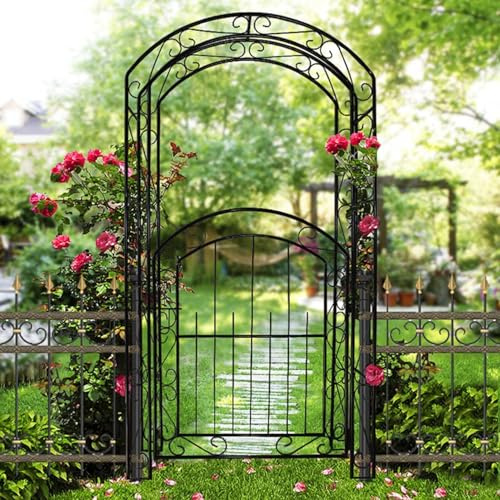 Rosenbogen aus Metall Gartenbogen mit Tür, wetterfester Torbogen Rankhilfe Rankgitter für Rosen & Kletterpflanzen, Rosengitter für Partys, Hochzeit, Outdoor，Garten, Rasen, Hinterhof Schwarz
