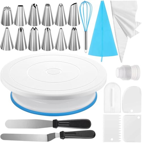 KOUHA Kit Plateau Tournant Patisserie Outils de Plateau Tournant Gateau avec Grattoirs à Gâteaux, Spatules, Poches à Douille et Embouts de Tuyauterie Cake Decorating Tools (72 Pièces)