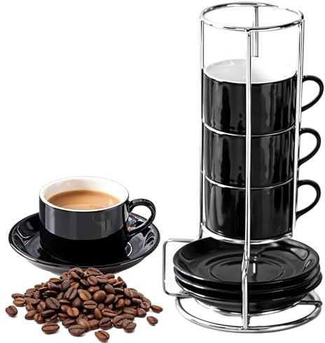 Caossuixin 4x160ml Espresso Cups with Saucers and Metal Stand, Porcelain Cappuccino Cups, Stackable Expresso Coffee Cup, Stacking Mugs for Coffee Drinks, Latte, Americano, Tea and Cappuccino