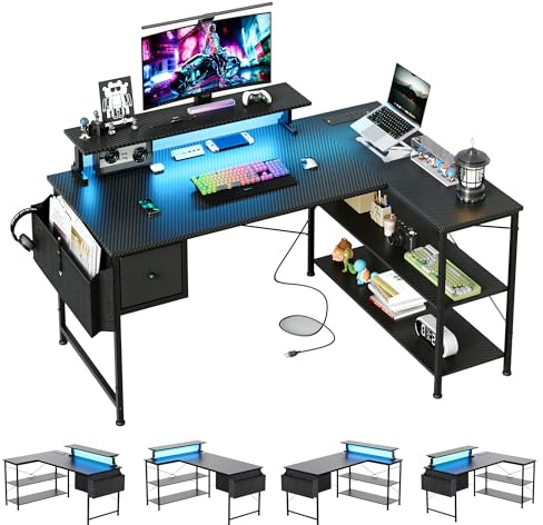 MUTUN L Shaped Gaming Desk with LED Lights & Power Outlets, 120x80x70cm Reversible Corner Desk with Drawer Storage Bag & Monitor Stand, Carbon Fiber Black