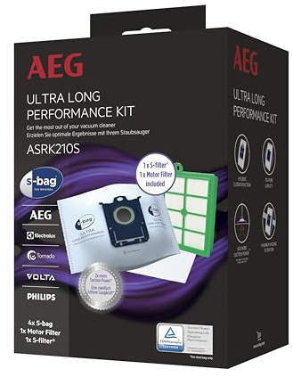 AEG ASRK210S s-Bag Performance Kit, 4 x S-Bag Staubbeutel Ultra Long Performance, 1 x S-Filter Hygienefilter Waschbar,1 x Motor Filter, XXL Synthetik Staubbeutel, Hygieneverschluss, 5 Liter