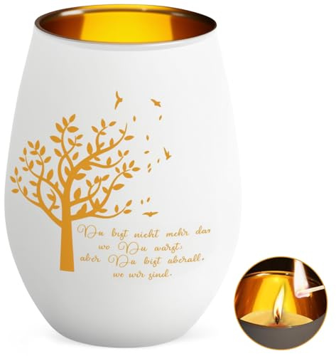 Trauerlicht mit Spruch – Windlicht als Erinnerungslicht und Trauergeschenk | Goldene Innenseite mit Lebensbaum und Trauerspruch – Gedenklicht für Verstorbene, Trauernde und als Beileidsgeschenk