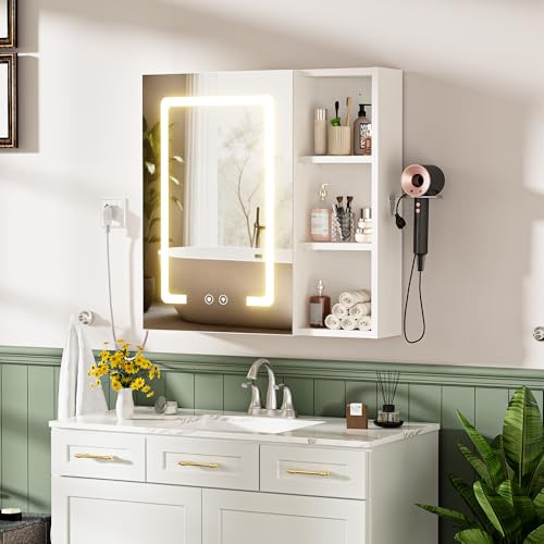 Ztexkee Spiegelschrank Bad mit Beleuchtung und Entnebelungs Funktion Hängend Bad Spiegelschrank mit Haartrocknerhalter und 3 Einstellbar Einlegeböden für Badezimmer,60x15x60 cm Off-White