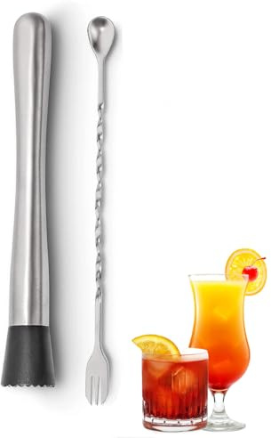 OYUUJII Stainless Steel Muddler Set,1 Pcs Stainless Steel Muddler with 1 Pcs Bar Spoon Cocktail Making Set Ice Crusher Mojito Kit Bar Tools for Diy Mojitos Fruit Based Drinks