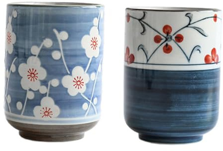 MUELODSIC Tazas De Té y Café De Cerámica Pintadas a Mano Estilo Japonés, 2 Piezas (oscuro y Azul), Compactas, Aptas Para Hogar y Oficina, Ideales Para Beber Té y Agua