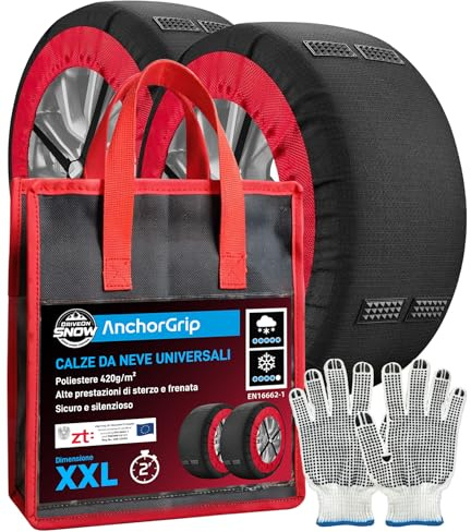 Chaussettes de Neige Textile Homologuées EN 16662-1 Taille XXL Chaussette Pneu Voiture - DriveonSnow AnchorGrip avec Crampons Antidérapage Montage Rapide 2 Minutes Haute Sécurité + Gants