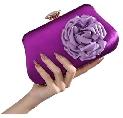 IRGVJIFR Blommor kvällsväska 3D-blomma handväska, silke som satin, lila, för kvinnor, kvällsväska, bröllopsfest, plånbok för mödrar med handtag, lila, 21 EU