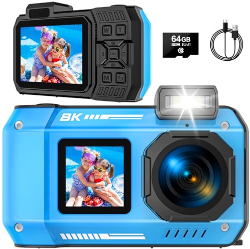 Digitalkamera, Yixinxin 8K Unterwasserkamera, 70MP Autofokus 33FT WiFi Digitalkamera wasserdichte mit 64GB Karte, Dual-Screen Selfie 2500mAh Batterie, 16X schwimmfähig Digital für Schnorcheln