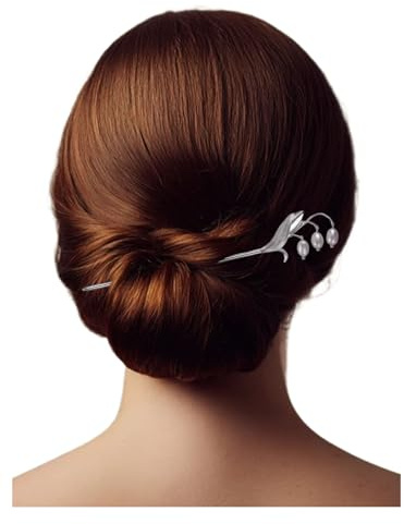 HangErFeng Women Silver Hairstick Bell Lily Flower Hairpin Brushed Texture Silver Buns Updo Accessory 6 Inches 926