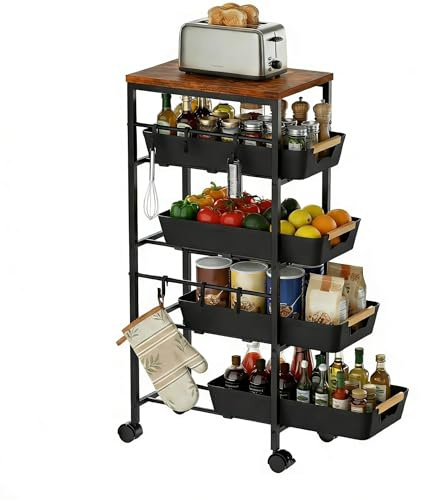 Uwoodia 5-Tier Slim Storage Trolley on Wheels, Metal Kitchen Rolling Cart with Pull-Out Baskets, Wooden Top Narrow Space Utility Cart Slide Out Organizer for Kitchen, Bathroom, Laundry Room, Black