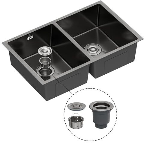 GASFRIT Fregadero de Cocina Doble Seno 760x470 mm, 2 Cubetas 200 mm Altura, Sobre Encimera, Desagüe Ø110 mm (Negro)
