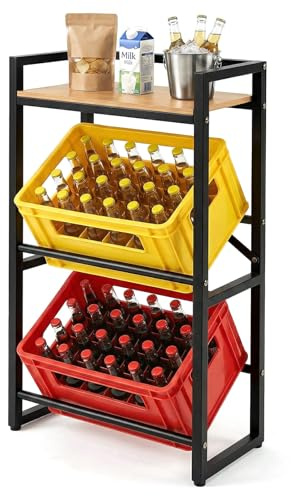 Treeboy Getränkekistenregal 2 Kisten mit Ablage Kistenregal Getränkeregal | Freistehend Bar Vorratsschrank Barschrank Getränke Regal Weinregal Metall trag. 180 kg, 32D x 49W x 114H cm Naturholzfarbe