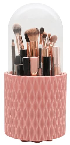 scicent Organizador de Maquillaje 360° con Tapa, Makeup Organizer Antipolvo con Compartimentos, Organizador Perfumes y Cosméticos, Porta Brochas de Maquillaje para Tocador, Baño y Escritorio Rosa