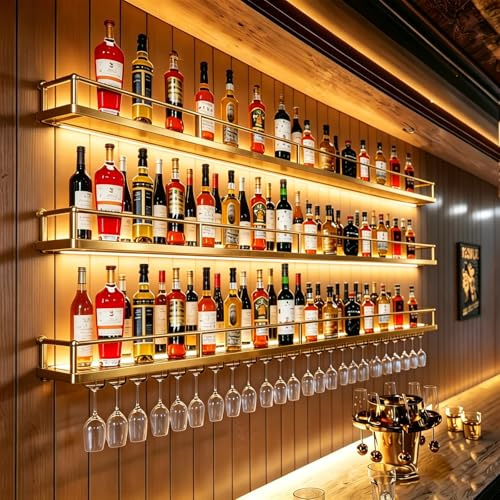 AUSKLEZU Portabottiglie a Parete con Luci LED e Portabicchieri, Espositore per Vino 3 Ripiani, Struttura in Metallo Resistente, Ideale per Home Bar, Caffè, Ristorante (oro, 140cm)