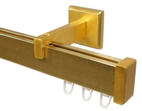 Design Innenlauf Gardinenstange eckig aus Aluminium in Messing Optik, kurzer Wandabstand 140 cm