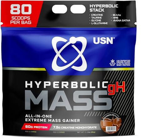 USN Hyperbolic Mass Dutch Chocolate 6kg: High Calorie Mass Gainer Protein Powder for Muscle Building and Weight Gain - Improved Formula & Flavour with 7.5g Creatine Monohydrate and Less Sugar