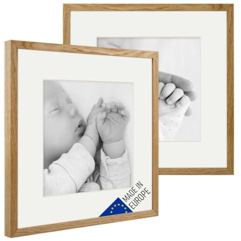 PHOTOLINI Echtholz-Bilderrahmen 30x30 cm mit Passepartout 20x20 cm, Eiche, Holzrahmen Made in EU, 2er Set, bruchsicheres Acrylglas, zum Aufhängen, extra Zubehör - für Fotos & Bilder