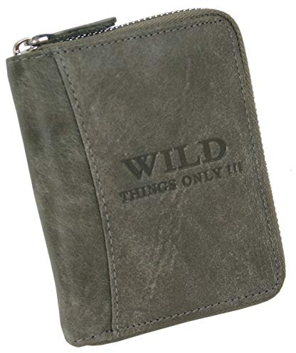 WILD THINGS ONLY !!! Herren Geldbörse aus Echt-Leder mit RFID Schutz | umlaufender Reißverschluss, sicheres Portmonnee (Hochformat, Grau)