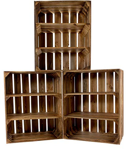 Vintage Möbel 24 GmbH Elegante Große Holzkisten/Obstkiste mit Zwei Regalböden für einzigartige Kistenmöbel und Regalsysteme, neu, DIY, 50x31x61cm (3X Geflammt)