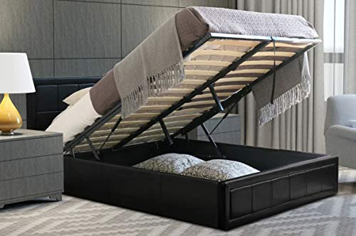 Home Treats Black Ottoman Padded Bed Frame With Gas Lift & Under Bed Storage (Queen Size, Small Double 4ft, No Mattress)..