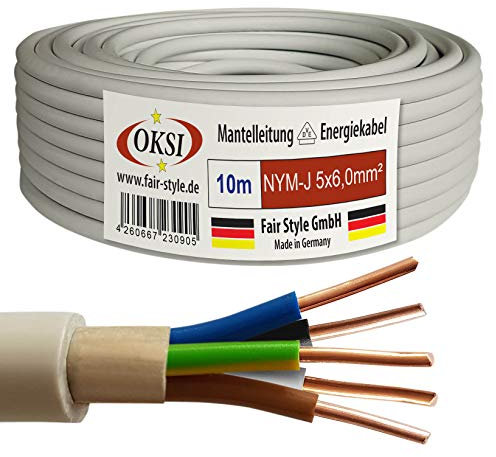 OKSI 10m NYM-J 5x6,0 mm² Mantelleitung Feuchtraumkabel Elektrokabel Kupfer Made in Germany