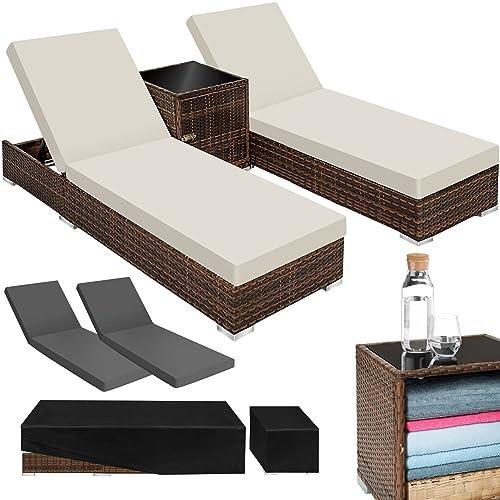tectake® Solsäng Rotting 2-Pack med Sidobord, Solstol med Justerbar Höjd i 5 Steg, Vilstol, Eleganta Dynor Solsäng, Trädgårdsstol med Förvaringsmöjligheter, Solsäng Dubbel, Skyddsöverdrag - Brun