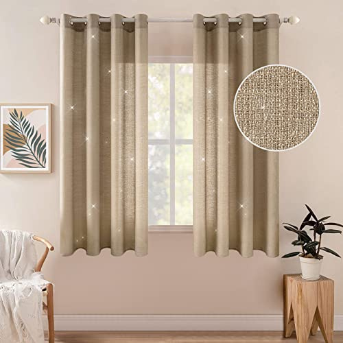 MIULEE Leinenoptik Voile Vorhänge Ösen 2er Goldbraun 140x160cm | Leinenoptik-Voile Vorhänge mit Ösen, lichtdurchlässig & unregelmäßige Textur, dekorativ für Wohn- und Schlafzimmer