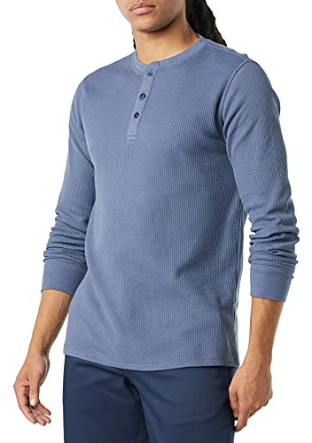 Amazon Essentials Men's Long Sleeve Henley Shirt, Regular-Fit Waffle, Indigo, Large