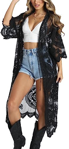 YouKD Cardigan da donna in pizzo trasparente Boho lungo kimono spiaggia costume da bagno copre abiti