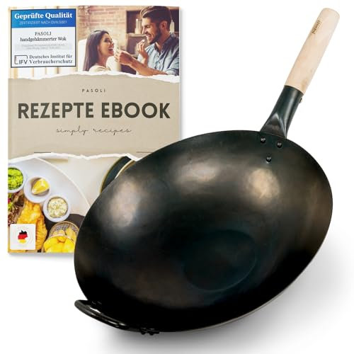 pasoli handgehämmerter Wok + gratis Rezepte eBook - voreingebrannt - traditionelle Asiapfanne - Bratwok aus Carbonstahl - induktionsgeeignete Wokpfanne - Durchmesser 36 cm